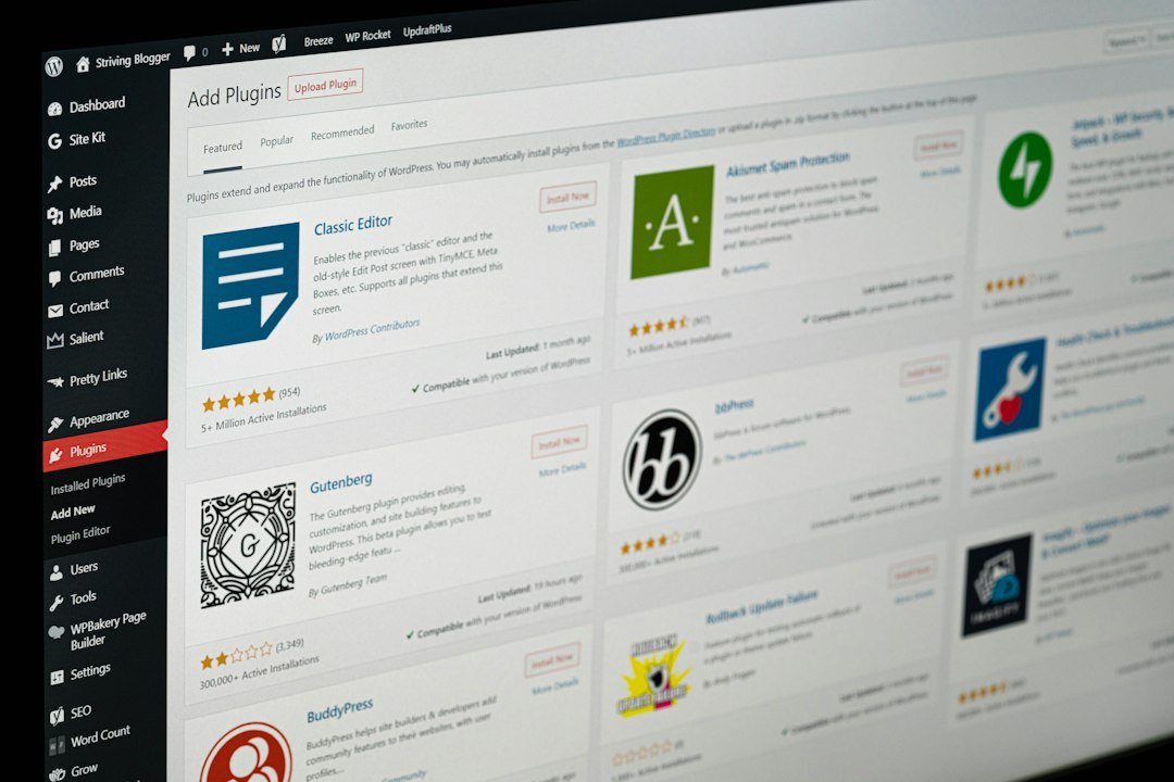 WordPress Add Plugins screen showing must-have plugins for a website