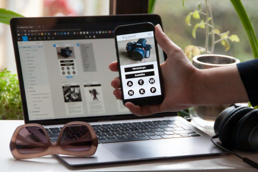 UI design sketches and device mockups used in a Figma to WordPress AI workflow